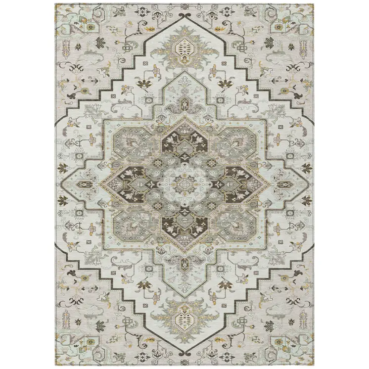 9' X 12' Ivory And Brown Oriental Washable Indoor Outdoor Area Rug