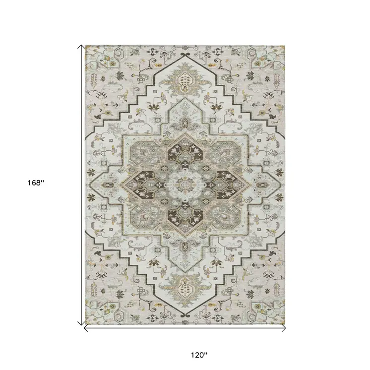 10' X 14' Ivory And Brown Oriental Washable Indoor Outdoor Area Rug