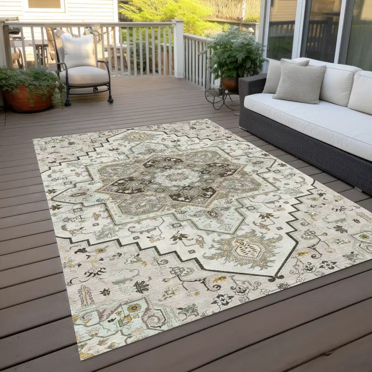 10' X 14' Ivory And Brown Oriental Washable Indoor Outdoor Area Rug