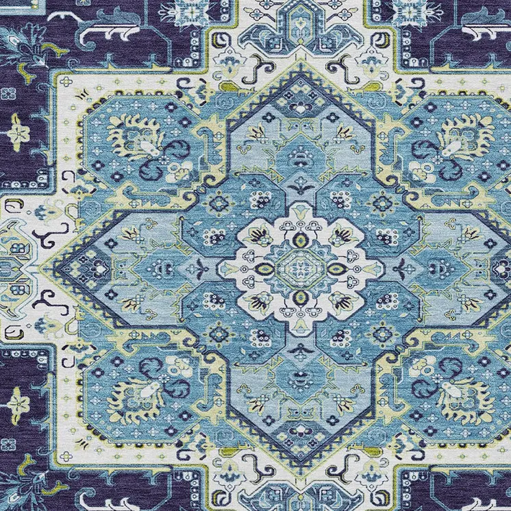 3' X 5' Navy Blue Ivory And Black Oriental Washable Indoor Outdoor Area Rug