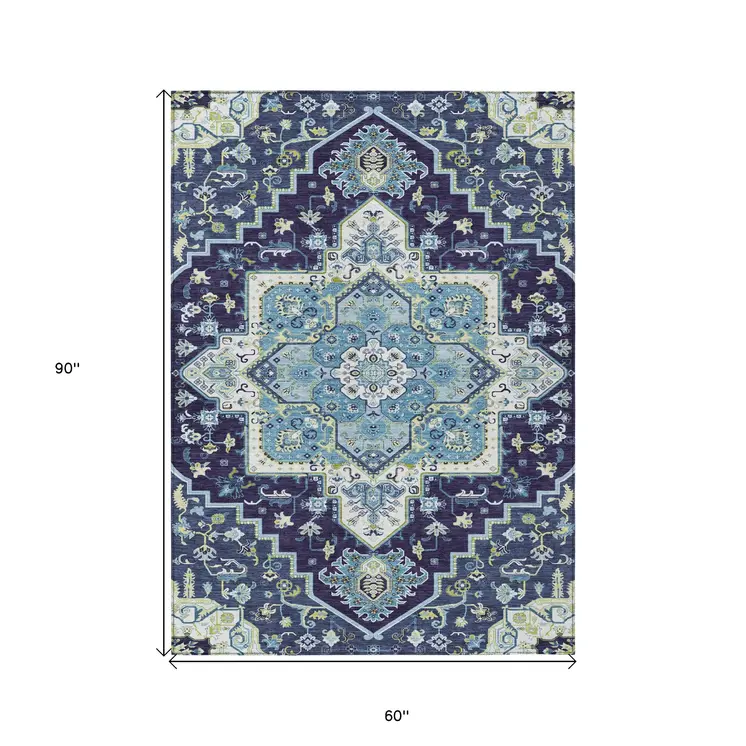 5' X 8' Navy Blue Ivory And Black Oriental Washable Indoor Outdoor Area Rug