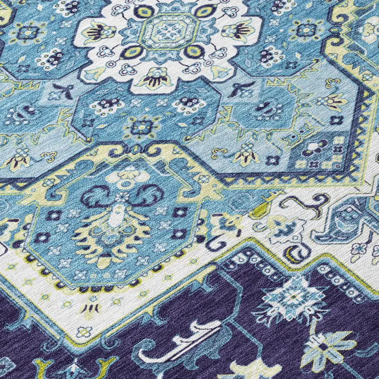 5' X 8' Navy Blue Ivory And Black Oriental Washable Indoor Outdoor Area Rug