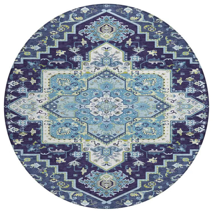 8' Navy Blue Ivory And Black Round Oriental Washable Indoor Outdoor Area Rug