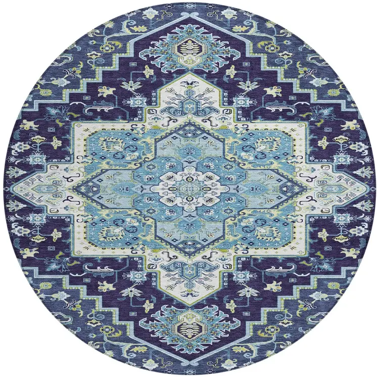 8' Navy Blue Ivory And Black Round Oriental Washable Indoor Outdoor Area Rug