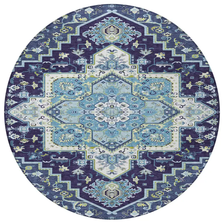 8' Navy Blue Ivory And Black Round Oriental Washable Indoor Outdoor Area Rug
