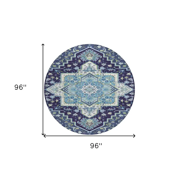 8' Navy Blue Ivory And Black Round Oriental Washable Indoor Outdoor Area Rug