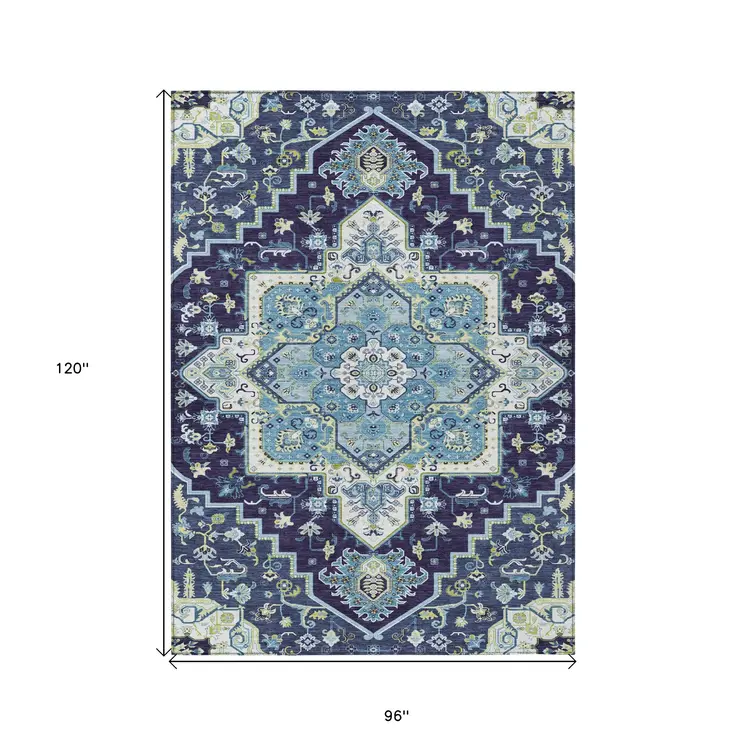 8' X 10' Navy Blue Ivory And Black Oriental Washable Indoor Outdoor Area Rug