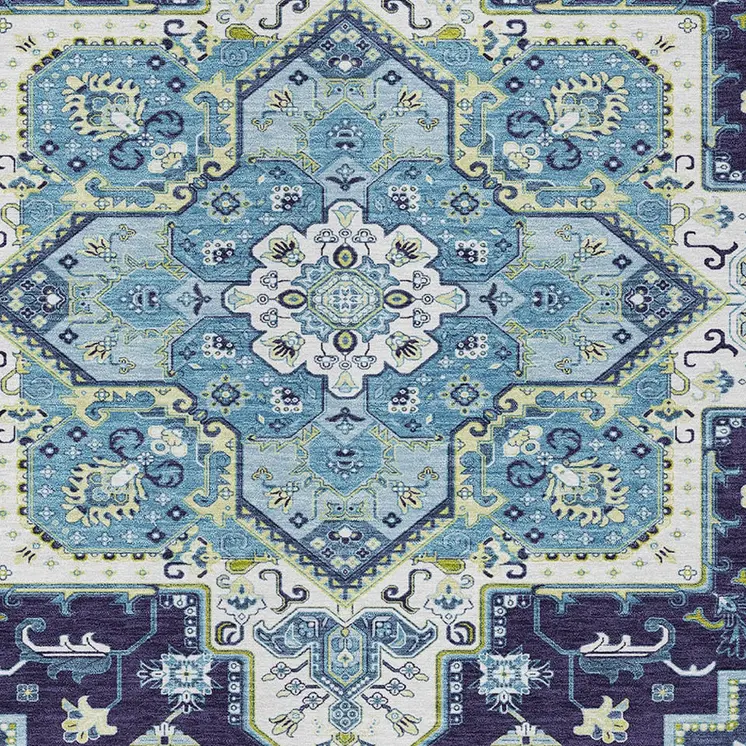 8' X 10' Navy Blue Ivory And Black Oriental Washable Indoor Outdoor Area Rug