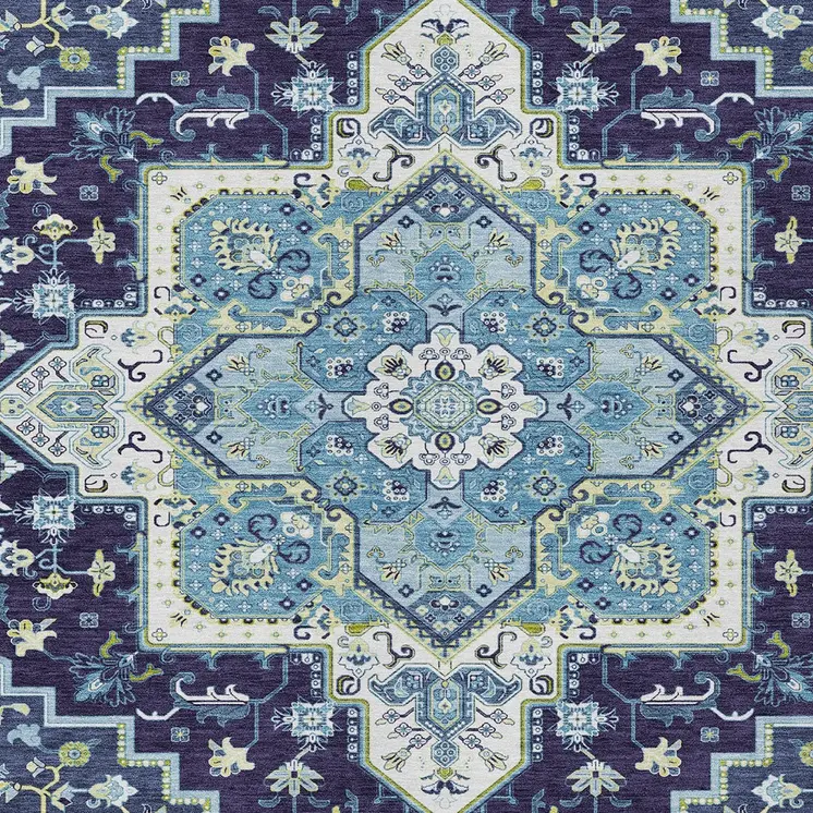 10' X 14' Navy Blue Ivory And Black Oriental Washable Indoor Outdoor Area Rug
