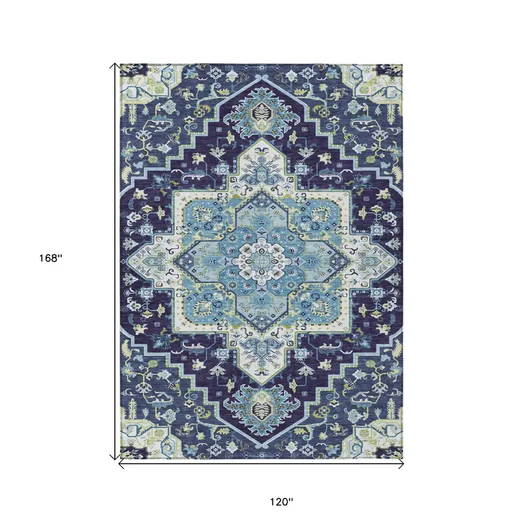 10' X 14' Navy Blue Ivory And Black Oriental Washable Indoor Outdoor Area Rug