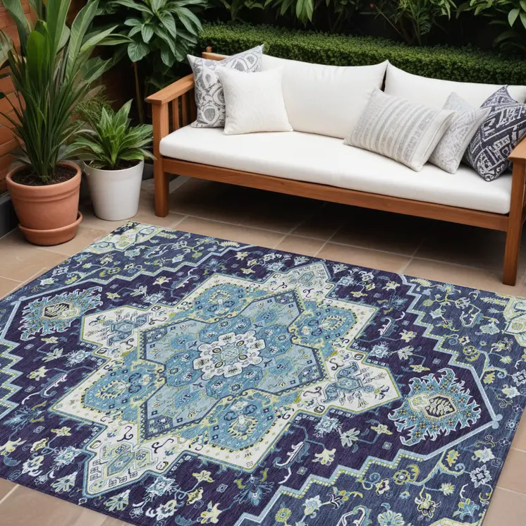 10' X 14' Navy Blue Ivory And Black Oriental Washable Indoor Outdoor Area Rug