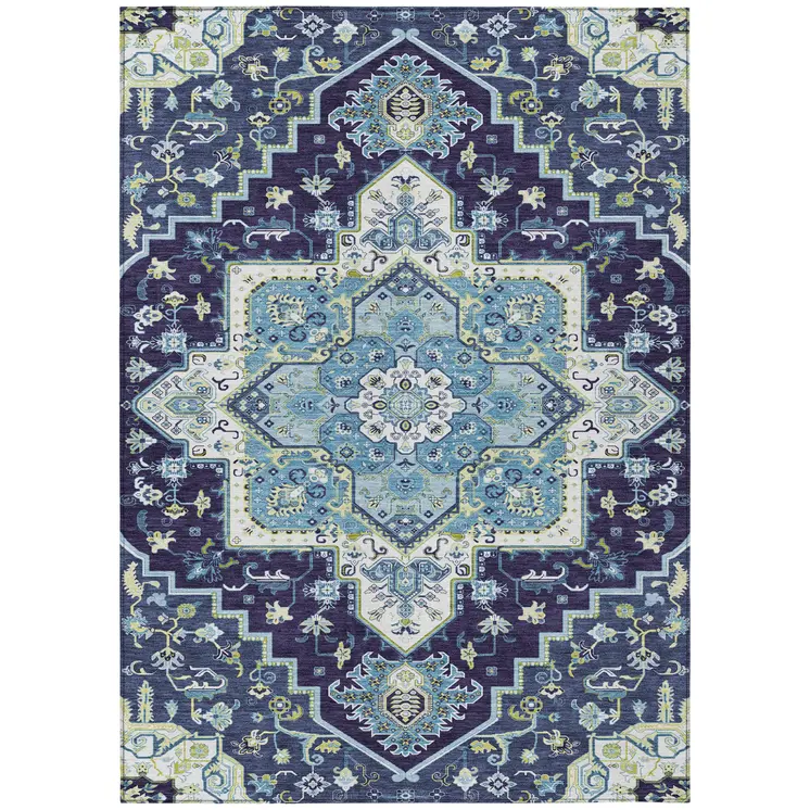 10' X 14' Navy Blue Ivory And Black Oriental Washable Indoor Outdoor Area Rug