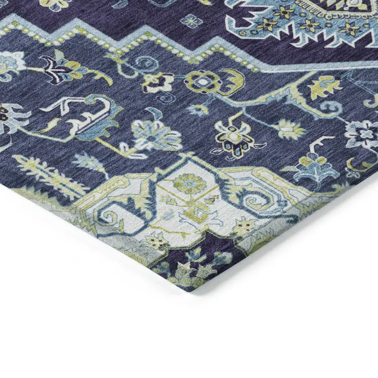 10' X 14' Navy Blue Ivory And Black Oriental Washable Indoor Outdoor Area Rug