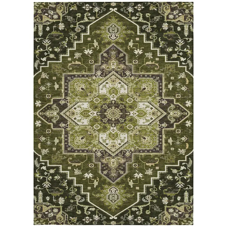 3' X 5' Olive Green Ivory And Brown Oriental Washable Indoor Outdoor Area Rug