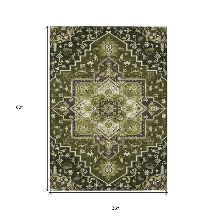3' X 5' Olive Green Ivory And Brown Oriental Washable Indoor Outdoor Area Rug