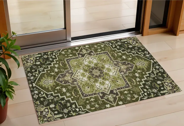 3' X 5' Olive Green Ivory And Brown Oriental Washable Indoor Outdoor Area Rug