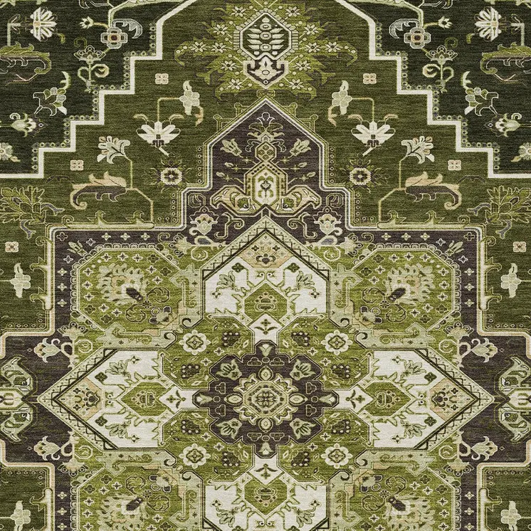 3' X 5' Olive Green Ivory And Brown Oriental Washable Indoor Outdoor Area Rug