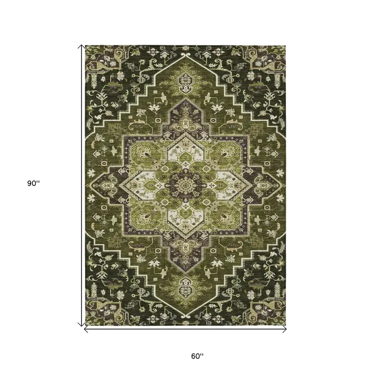 5' X 8' Olive Green Ivory And Brown Oriental Washable Indoor Outdoor Area Rug