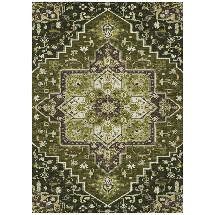 5' X 8' Olive Green Ivory And Brown Oriental Washable Indoor Outdoor Area Rug