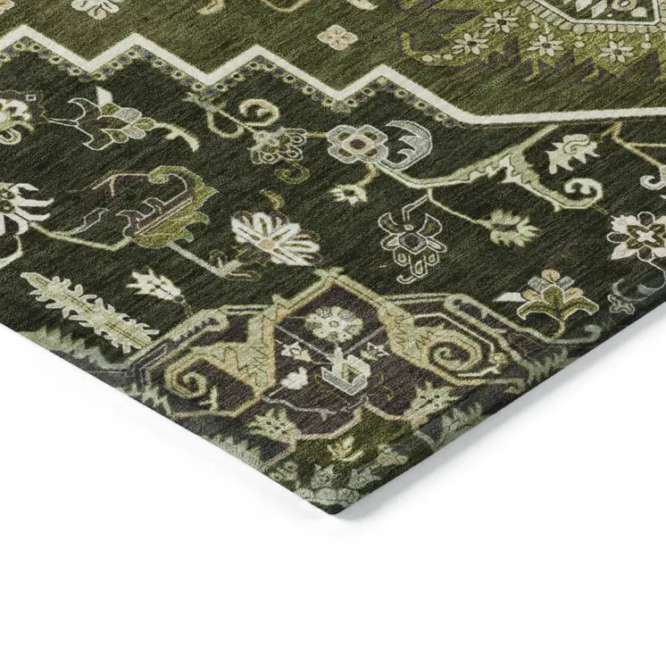 5' X 8' Olive Green Ivory And Brown Oriental Washable Indoor Outdoor Area Rug