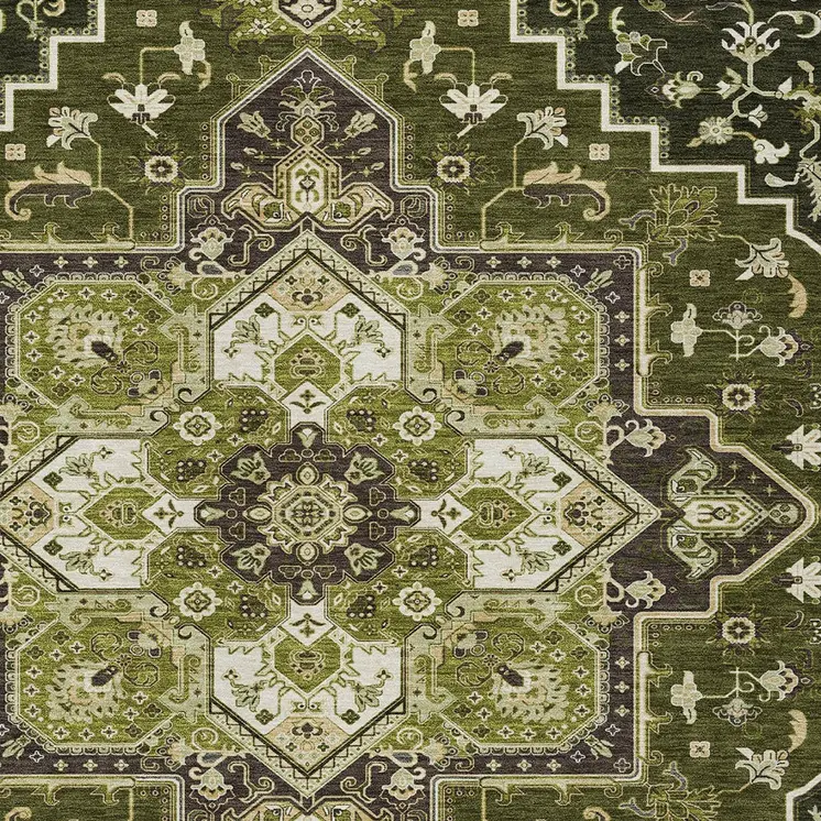 5' X 8' Olive Green Ivory And Brown Oriental Washable Indoor Outdoor Area Rug