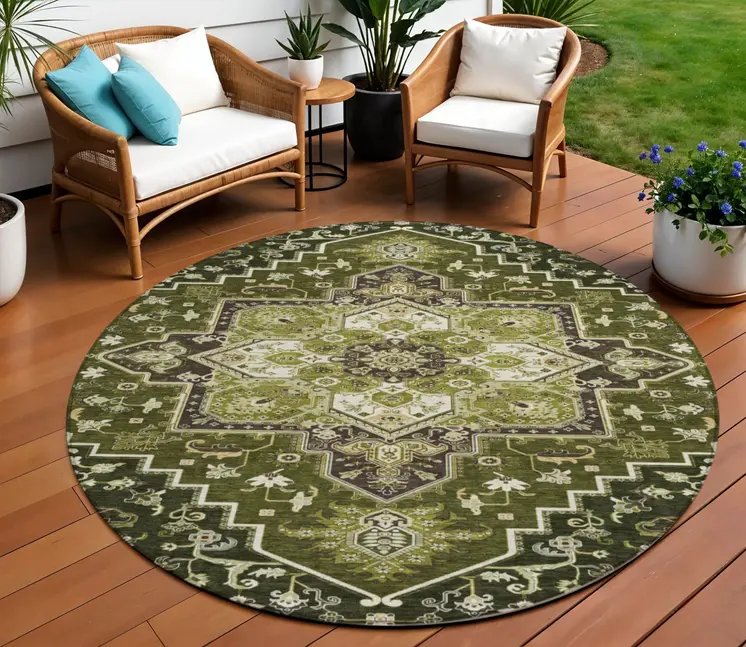 8' Olive Green Ivory And Brown Round Oriental Washable Indoor Outdoor Area Rug