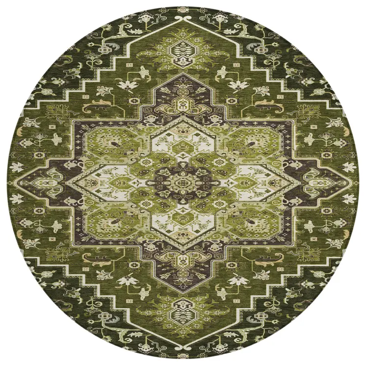 8' Olive Green Ivory And Brown Round Oriental Washable Indoor Outdoor Area Rug