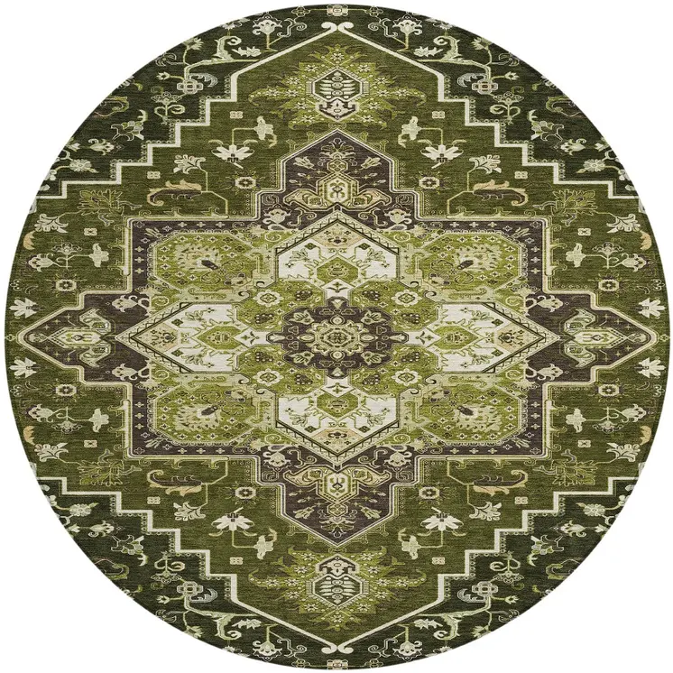 8' Olive Green Ivory And Brown Round Oriental Washable Indoor Outdoor Area Rug