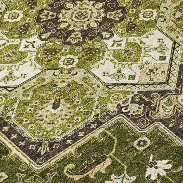 8' Olive Green Ivory And Brown Round Oriental Washable Indoor Outdoor Area Rug