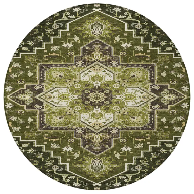 8' Olive Green Ivory And Brown Round Oriental Washable Indoor Outdoor Area Rug