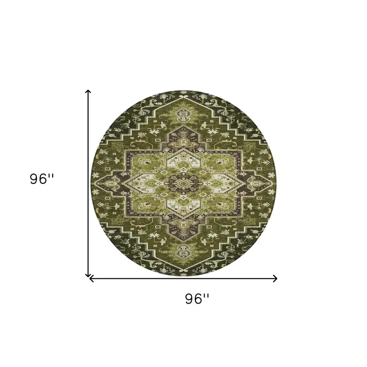 8' Olive Green Ivory And Brown Round Oriental Washable Indoor Outdoor Area Rug