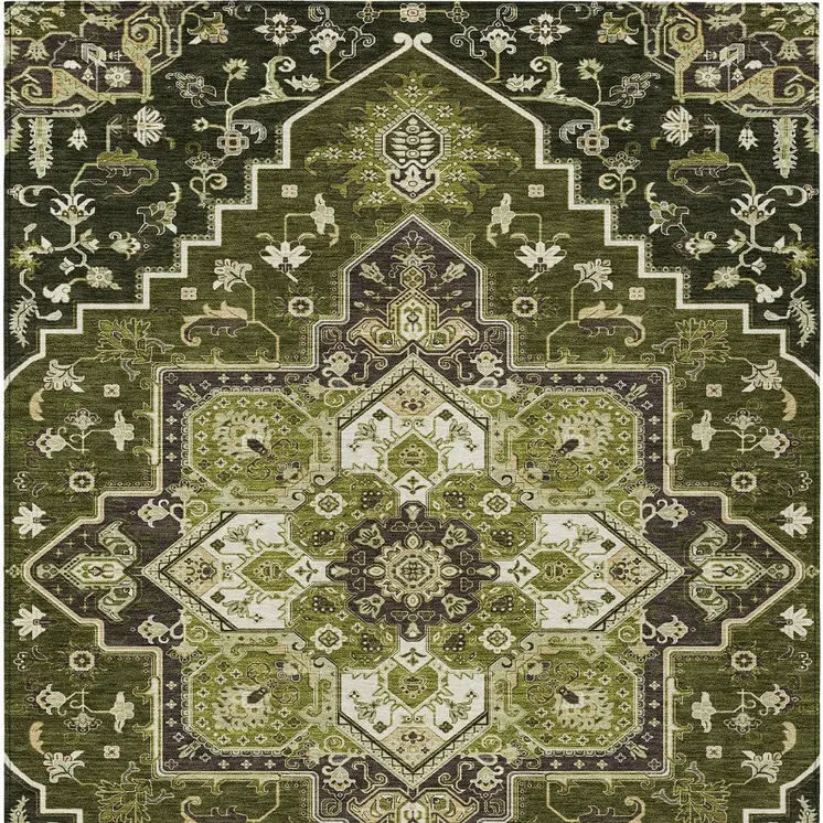8' X 10' Olive Green Ivory And Brown Oriental Washable Indoor Outdoor Area Rug