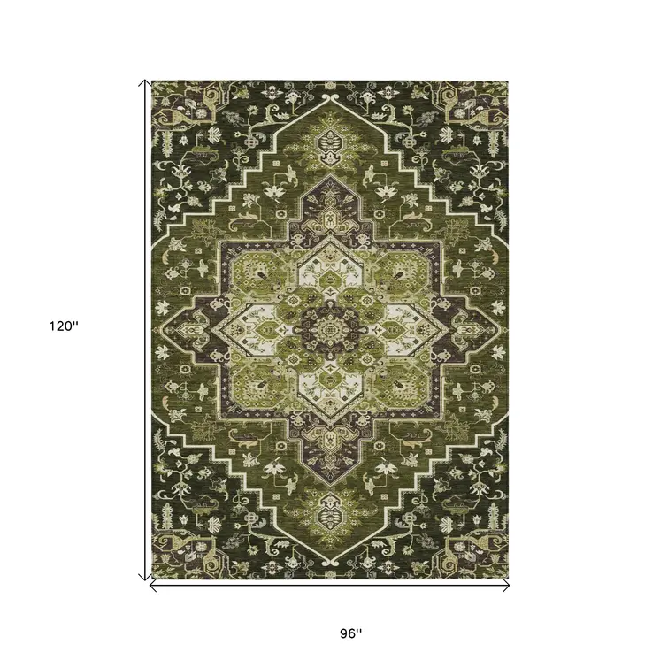 8' X 10' Olive Green Ivory And Brown Oriental Washable Indoor Outdoor Area Rug