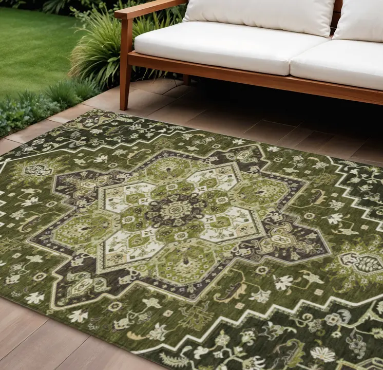 8' X 10' Olive Green Ivory And Brown Oriental Washable Indoor Outdoor Area Rug