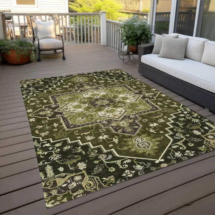 8' X 10' Olive Green Ivory And Brown Oriental Washable Indoor Outdoor Area Rug