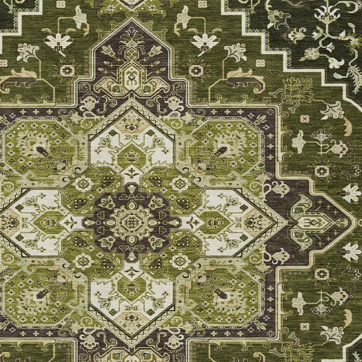 8' X 10' Olive Green Ivory And Brown Oriental Washable Indoor Outdoor Area Rug