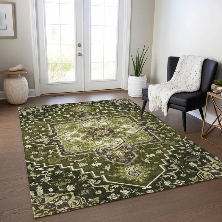 8' X 10' Olive Green Ivory And Brown Oriental Washable Indoor Outdoor Area Rug