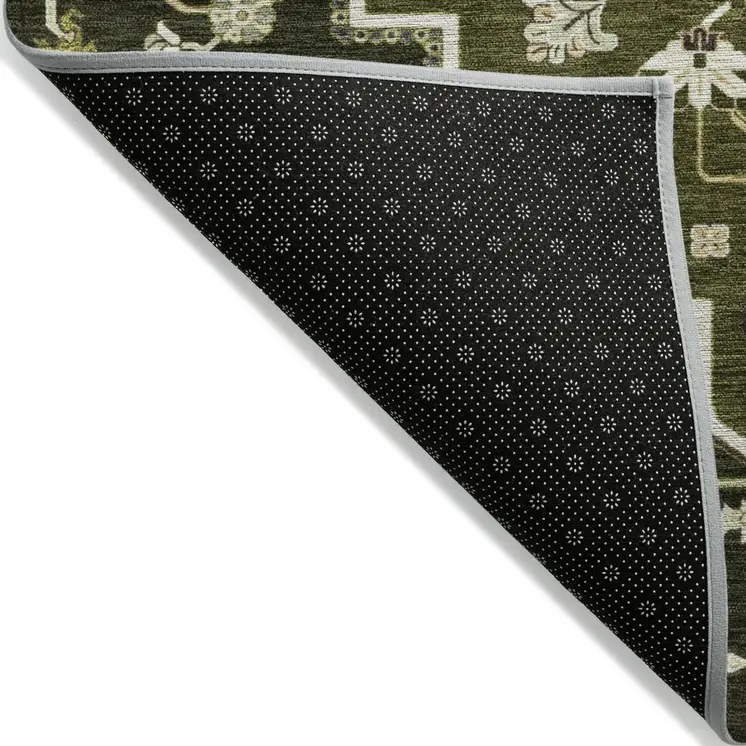 10' X 14' Olive Green Ivory And Brown Oriental Washable Indoor Outdoor Area Rug