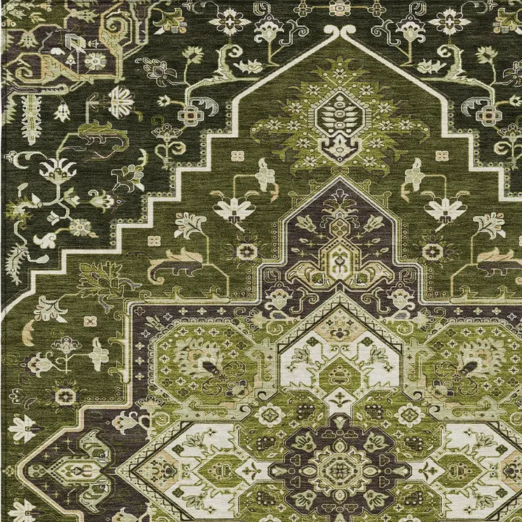 10' X 14' Olive Green Ivory And Brown Oriental Washable Indoor Outdoor Area Rug