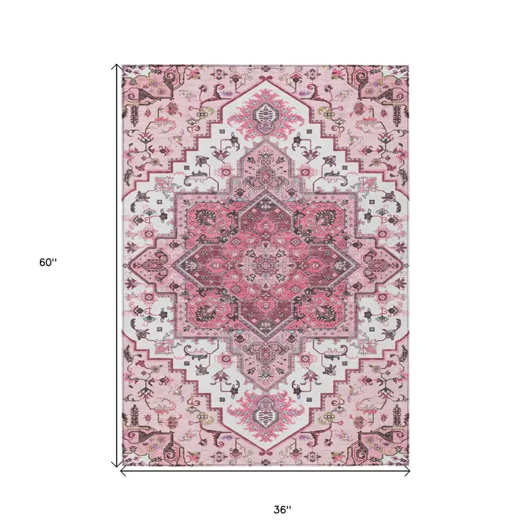 3' X 5' Pink Ivory And Gray Oriental Washable Indoor Outdoor Area Rug