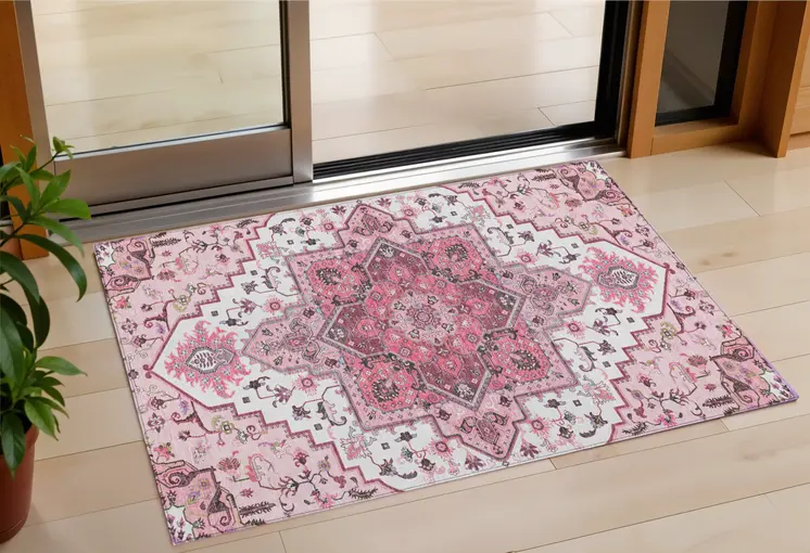 3' X 5' Pink Ivory And Gray Oriental Washable Indoor Outdoor Area Rug