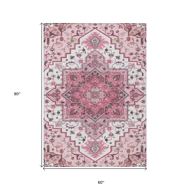 5' X 8' Pink Ivory And Gray Oriental Washable Indoor Outdoor Area Rug