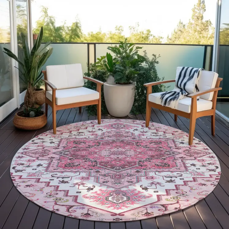 8' Pink Ivory And Gray Round Oriental Washable Indoor Outdoor Area Rug