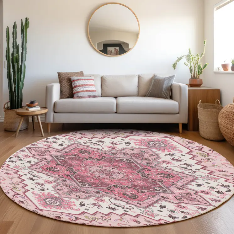 8' Pink Ivory And Gray Round Oriental Washable Indoor Outdoor Area Rug