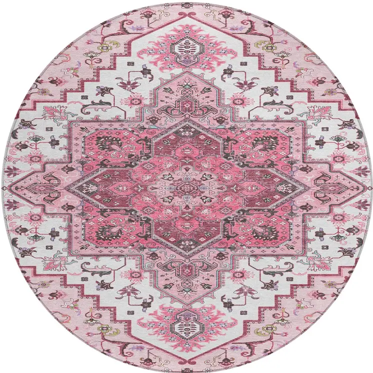 8' Pink Ivory And Gray Round Oriental Washable Indoor Outdoor Area Rug