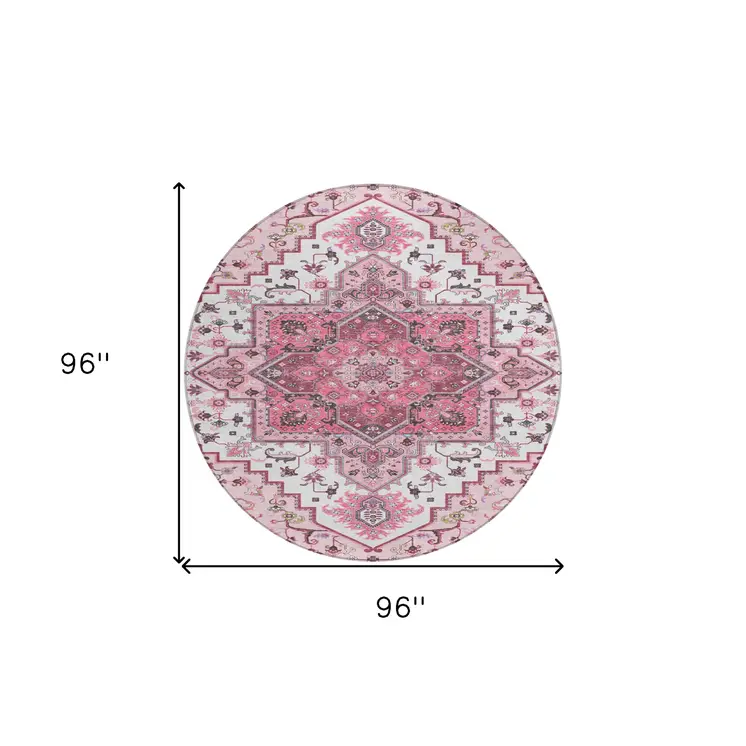 8' Pink Ivory And Gray Round Oriental Washable Indoor Outdoor Area Rug