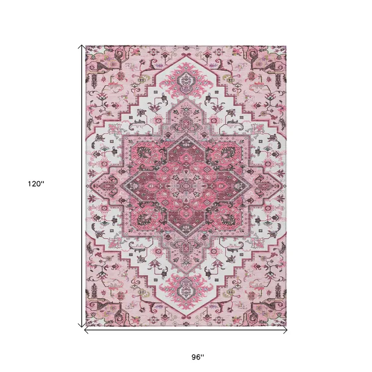 8' X 10' Pink Ivory And Gray Oriental Washable Indoor Outdoor Area Rug