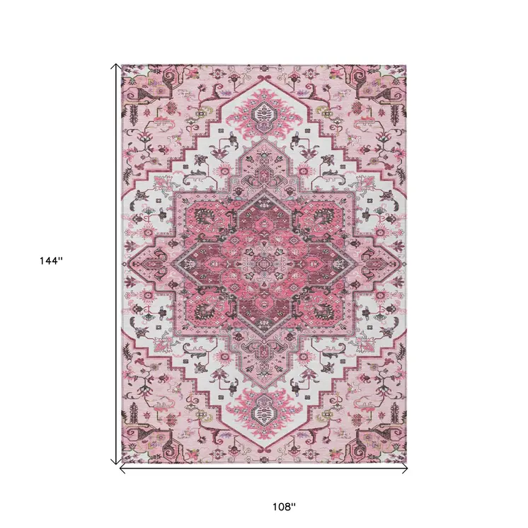 9' X 12' Pink Ivory And Gray Oriental Washable Indoor Outdoor Area Rug
