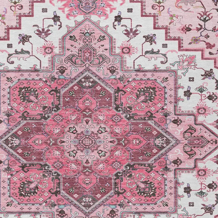 9' X 12' Pink Ivory And Gray Oriental Washable Indoor Outdoor Area Rug