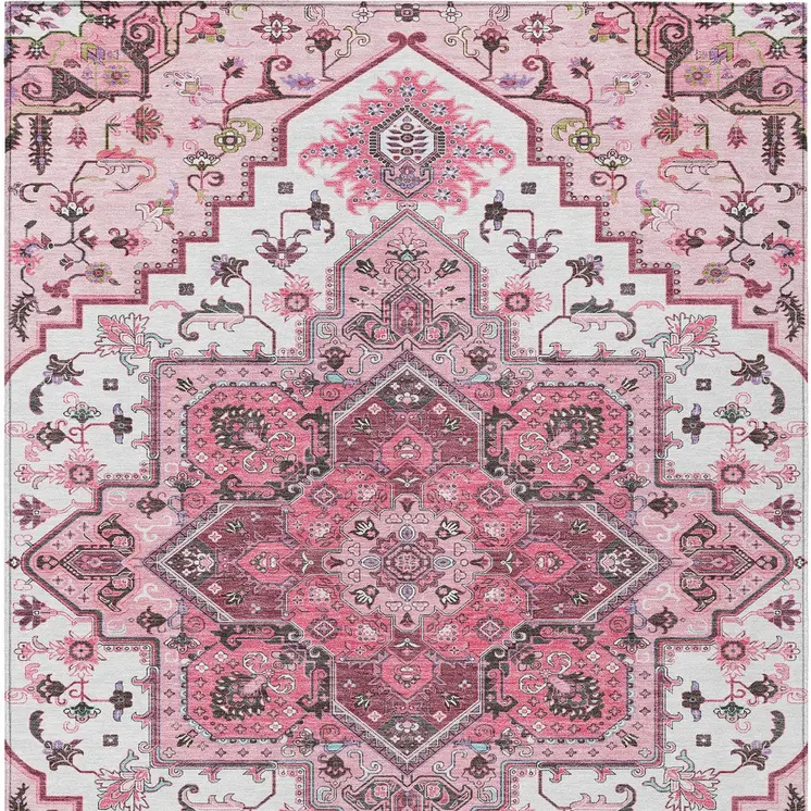 10' X 14' Pink Ivory And Gray Oriental Washable Indoor Outdoor Area Rug